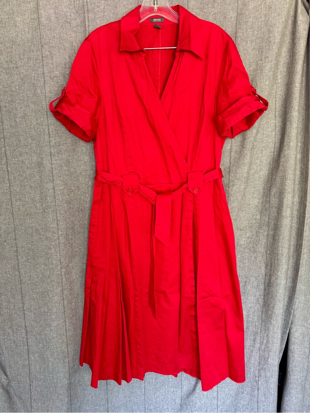 Kenneth Cole Reaction Faux Wrap Top Pleated Belted Red Dress Sz 14 Side Zip
